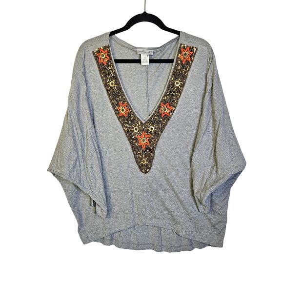 🦃 Ludi Womens Grey Stretchy Dolman Sleeve Top Blouse Beaded V Neck Large - Picture 1 of 8